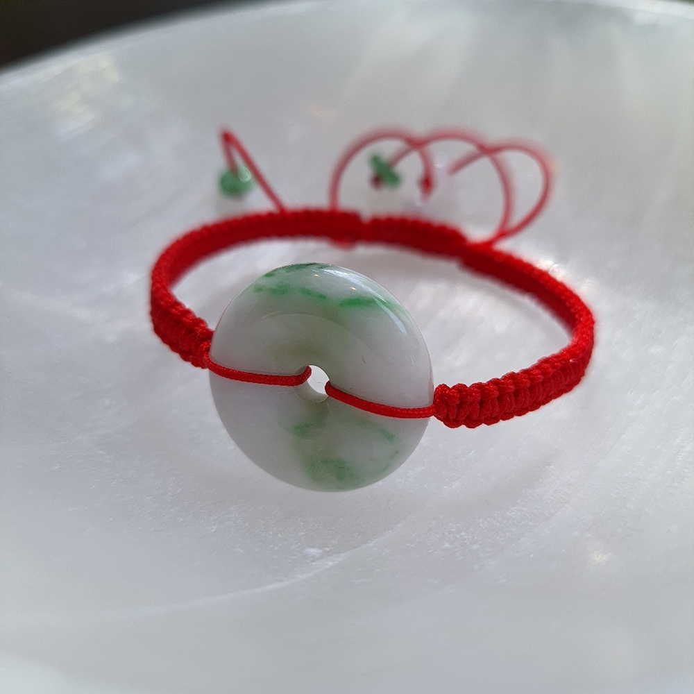 Natural Burmese Jadeite Donut Charm Red String Bracelet - Picture 3 of 8